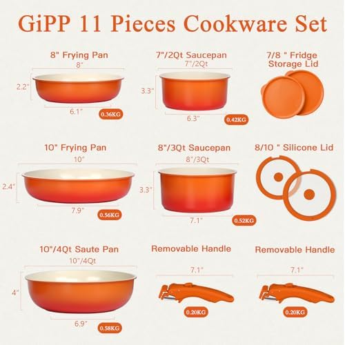GIPP 11pcs Pots and Pans Set Non Stick, Nonstick Cookware Set Detachable Handle, Ceramic Pots for Cooking Non Stick with Removable Handle, RV Cookware Set for All Stoves, Orange Gradient