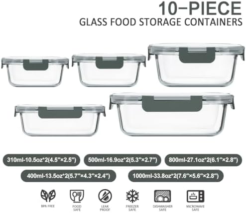 M MCIRCO 10 Pack Glass Food Storage Container with Lids,Gray
