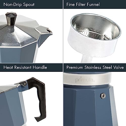Primula Classic Moka Pot Stovetop Espresso and Coffee Maker, Italian and Cuban Cafetera for Rich Espresso Brewing, Durable Aluminum Greca Coffee Maker with Easy Grip Handle, 6-Cup, Blue