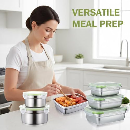 8 Pcs 304 Stainless Steel Food Storage Containers with Lids Leakproof, Reusable Airtight Meal Preparation Container Round and Square Stackable Food Container for Kitchen Picnic(Green Lids)