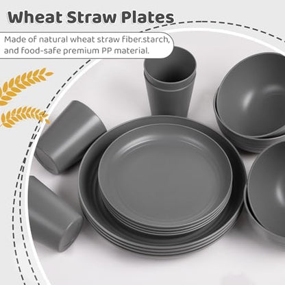 LIYH 16pcs Wheat Straw Dinnerware Sets - Unbreakable Dinnerware Sets for 4, Plastic Plates and Bowls Set Reusable Tableware Plates Dishes Set for 4 Dark Grey 8 Plate 4 Bowls 4 Cups