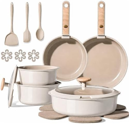CAROTE Ceramic Pots and Pans Set, Cookware Set Detachable Handle, 19 Pcs Induction Kitchen Cookware Sets Non Stick with Removable Handle, RV Cookware Set, Oven Safe, Elegant White, Mothers Day Gifts