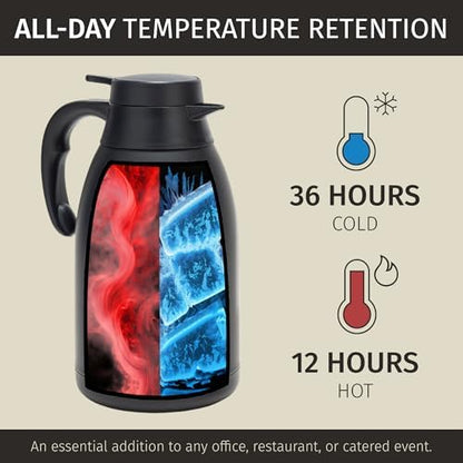 Cresimo 68 Oz Stainless Steel Black Thermal Coffee Carafe/Double Walled Vacuum Flask / 12 Hour Heat Retention / 2 Liter Tea, Water, and Coffee Dispenser