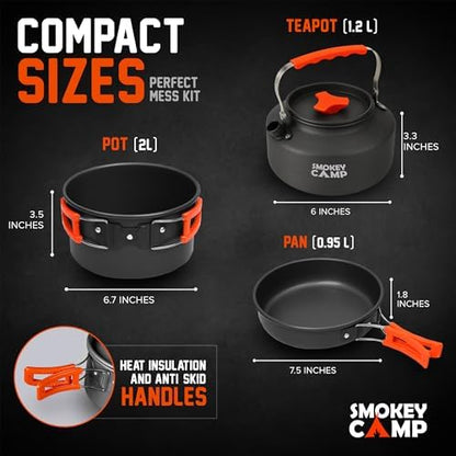 Smokey Camp Camping Cookware Mess Kit Set with Stove - Backpacking Camping Pots and Pans Set, All in One Non-Stick Camping Cooking Set, Portable Stove, Hiking, Picnic, Outdoor & Camping Cookware Set