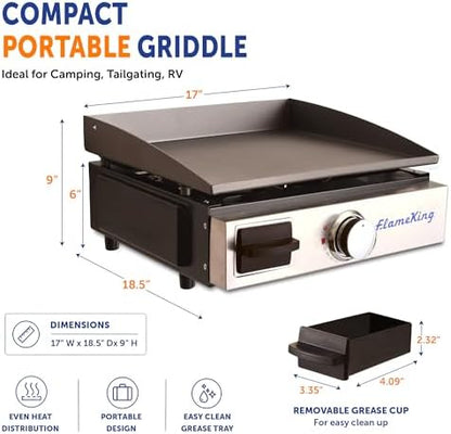 Flame King Flat Top Portable Propane Cast Iron Grill Griddle Tabletop for Outdoor Camping, Tailgating, Outdoor Cooking