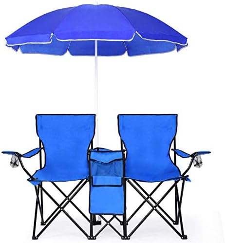 Goplus Double Camping Chair with Umbrella, Folding Loveseat Chairs w/Canopy Shade, Carrying Bag, Table, Cup Holder, Portable Beach Chairs Outdoor Picnic Patio (Blue)
