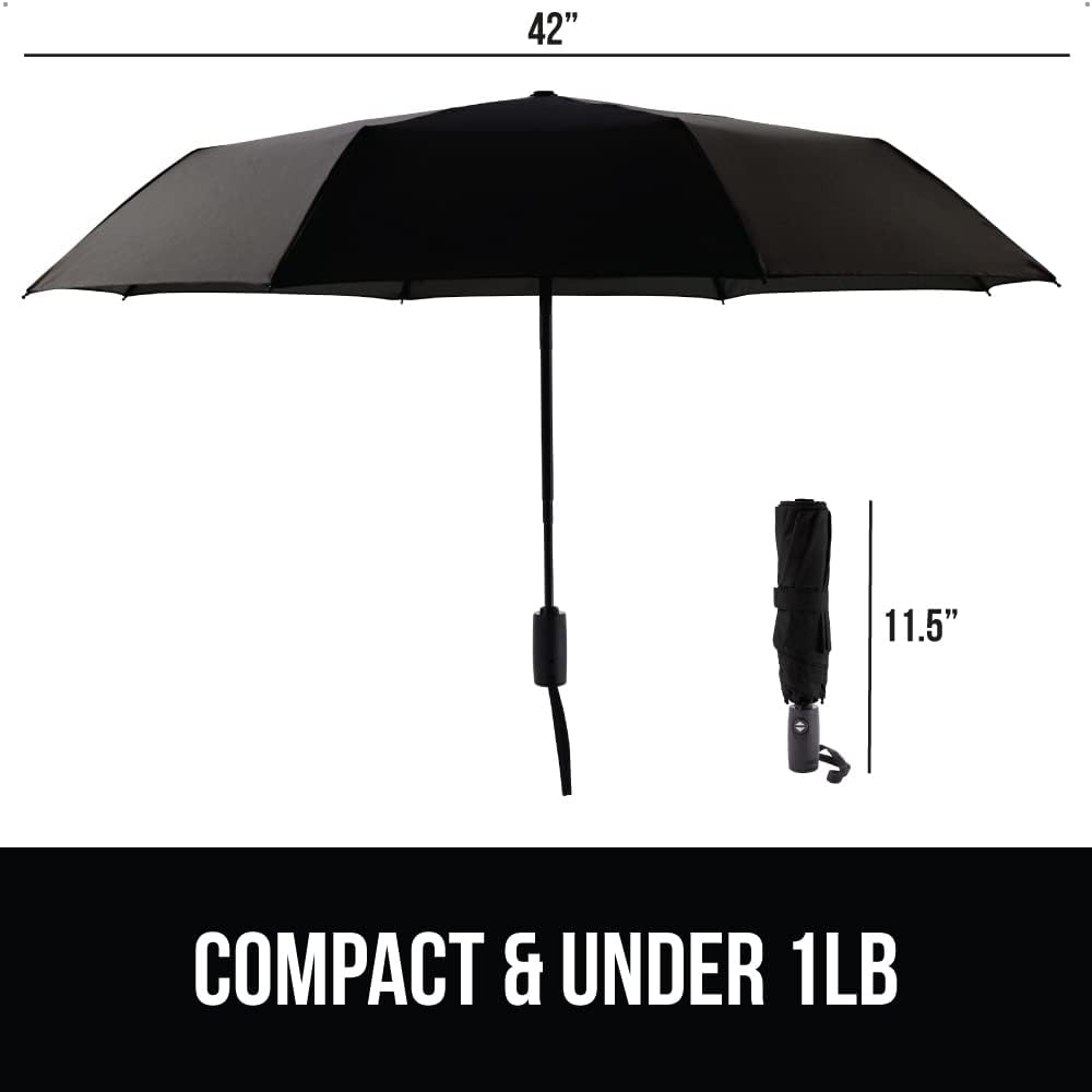 GORILLA GRIP Windproof Compact Stick Umbrella for Rain, Travel One-Click Automatic Open and Close, Strong, Lightweight, Stocking Stuffer, White Elephant Holiday Gift, Portable, Easy Collapsible, Black