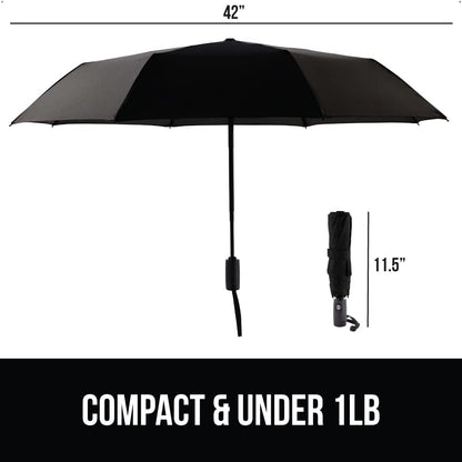 GORILLA GRIP Windproof Compact Stick Umbrella for Rain, Travel One-Click Automatic Open and Close, Strong, Lightweight, Stocking Stuffer, White Elephant Holiday Gift, Portable, Easy Collapsible, Black