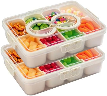2-Pack Snackle Box Container,Divided Serving Tray with Lid and Handle,Large Snack Box Charcuterie Container,8-Compartment Portable Snack Platter Fruit Veggie Tray for Party Picnic