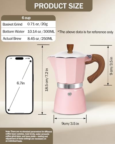 Coffee Maker Stovetop Espresso Maker 6 Cup Aluminum Moka Pot Percolator 10oz 300ml Easy Brewing for Electric Ceramic Stoves Home Camping Italian Cuban Café Classic Pink