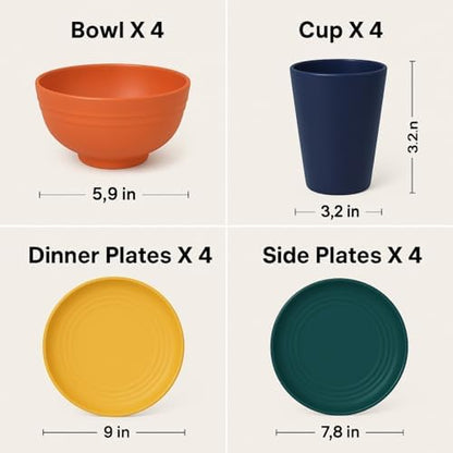 Wheat Straw Dinnerware Set for 4, 16PCS Unbreakable Plates Bowls Cups, Microwave & Dishwasher Safe Plastic Dishes, Lightweight Reusable Dinnerware for Kitchen, Camping, RV & Dorm(Macaron)