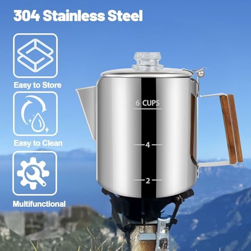 6 Cup Percolator 304 Stainless Steel Coffee Pot Coffee Maker Coffee Machine with Solid Wood Handle Transparent Knob Stovetop Greca Mocha for Induction Home and Camping 1000ml 33.8oz
