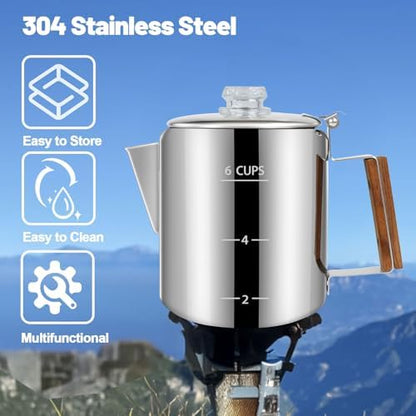 6 Cup Percolator 304 Stainless Steel Coffee Pot Coffee Maker Coffee Machine with Solid Wood Handle Transparent Knob Stovetop Greca Mocha for Induction Home and Camping 1000ml 33.8oz