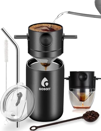 Portable Pour Over Coffee Maker Kits Coffee Filter Mug Coffee Drippers Cup Bottle Includ Straw Cleaning Brush and Spoon for Home Office,Travel, Camping 20Oz