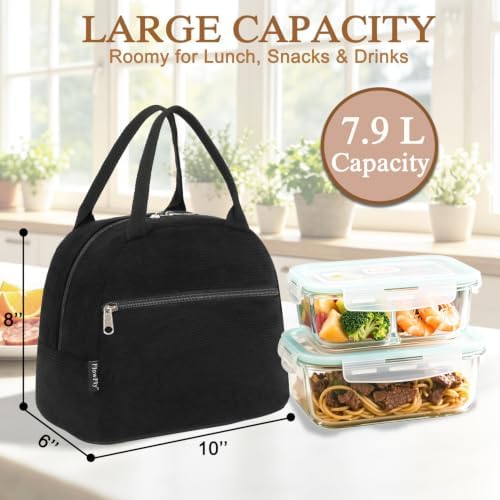 FlowFly Lunch Bag for Women Insulated Lunch Box Corduroy Lunch Tote Cooler for Travel Work Picnic,Corduroy Black