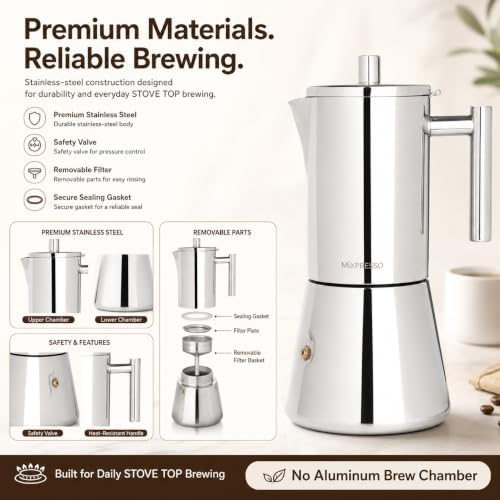 Mixpresso 9 Cup Stainless Steel Moka Pot Stovetop Espresso Coffee Maker