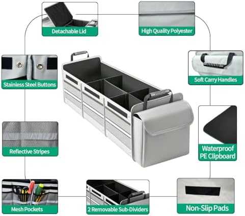 Car Trunk Organizer with Removable Cooler Bag - Collapsible Multi-Compartment Storage for SUV Truck Groceries Camping, Durable Nylon Auto Cargo Organizer (Gray)