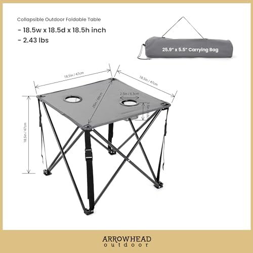 ARROWHEAD OUTDOOR 26” (66cm) Portable Camping Folding Table, 2 Cup Holders, Square, Carrying Case, Steel Frame, High-Grade 600D Canvas