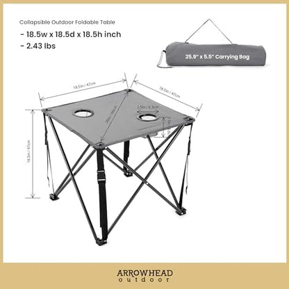 ARROWHEAD OUTDOOR 26” (66cm) Portable Camping Folding Table, 2 Cup Holders, Square, Carrying Case, Steel Frame, High-Grade 600D Canvas