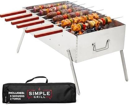 TSG Portable Stainless Steel Mangal Charcoal Grill For Shish Kebab, Steaks, Burgers | 20X12Inch| Includes 6 Skewers, 2 Tongs & Carry Bag | Foldable & Rustproof for Outdoor Cooking | Serves 8-12 People
