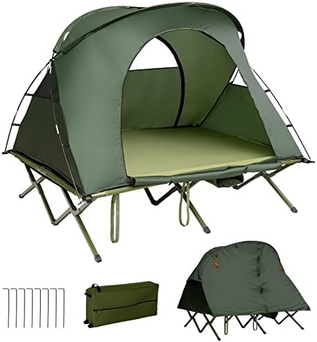 Tangkula 2-Person Tent Cot, 4-in-1 Folding Tent with Waterproof Rainfly, Self-Inflating Mattress & Roller Carrying Bag, Portable Off Ground Elevated Tent with Shoe Storage Pocket & Lamp Hook