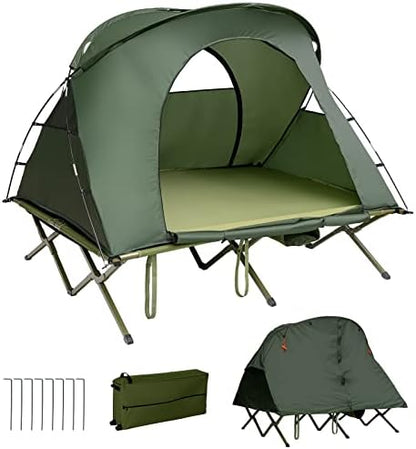 Tangkula 2-Person Tent Cot, 4-in-1 Folding Tent with Waterproof Rainfly, Self-Inflating Mattress & Roller Carrying Bag, Portable Off Ground Elevated Tent with Shoe Storage Pocket & Lamp Hook