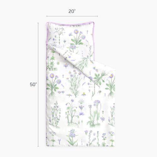 Wake In Cloud - Toddler Nap Mat with Pillow and Blanket, 100% Cotton Fabric, for Kids Girls Ages 3 Plus in Daycare Kindergarten Preschool, Sleeping Bag, Botanical Flowers