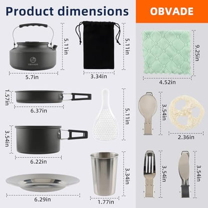 Camping Cookware Set 17 pcs Camping Cooking 0.30G Kettle 0.45G Pot 7 in Pan and 2pcs Stainless Steel Cups Plates Forks Knives Spoons Bag for 1-2 People Backpacking Hiking Picnic