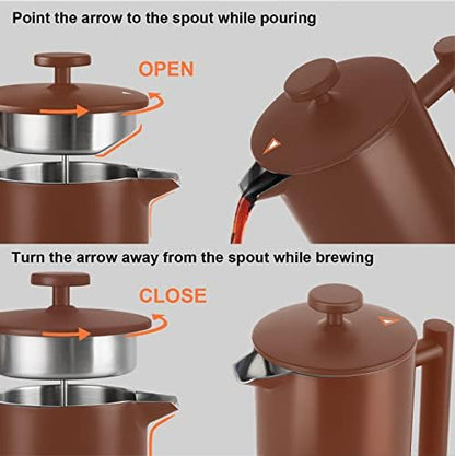 Secura French Press Coffee Maker, 304 Grade Stainless Steel Insulated Coffee Press with 2 Extra Screens, 34oz (1 Litre), Coffee