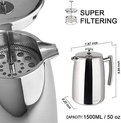 Secura French Press Coffee Maker, 50-Ounce, 304 Stainless Steel Insulated Coffee Press with Extra Screen (Pack of 2)