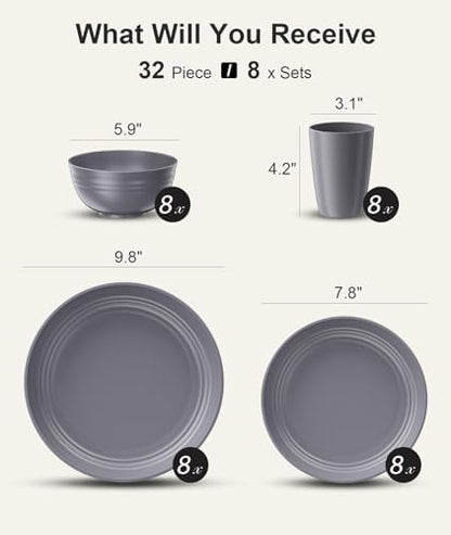 Quatish 32 Piece Plates and Bowl Set for 8, Dinnerware Dish Set for Kitchen