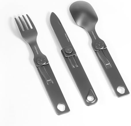 ROXON 3-in-1 Camping Utensils Set (Knife, Spoon, Fork) Titanium-Plated Grey