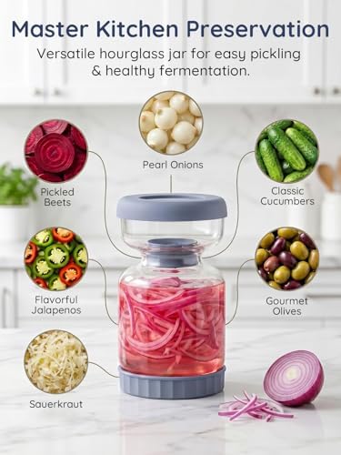 Homnoble Pickle Jar with Strainer Flip for Pickle Juice Separator from Wet and Dry, Upgrade Food-grade ABS Lid and BPA Free Hourglass Pickle Jar for Airtight Food Storage, Haze Blue