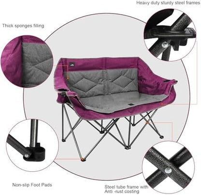 Northroad Folding Loveseat Camping Chair Portable Double Duo Full Padded Garden Chair for 2 Person Sofa w/ 2 Cup Holder,Wine Glass Holder,Mesh Storage,Support 500lbs for Picnic Beach Travel (Purple)