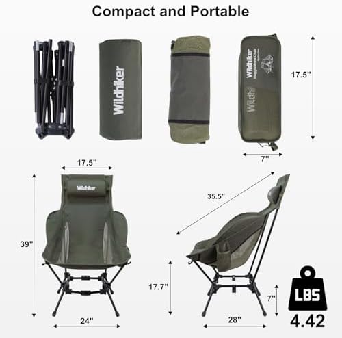 Wildhiker HuggleMode High Back Folding Camping Chair, 2 Seat Heights -Green