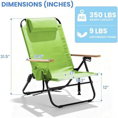 2 Pack Premium 5-Position Reclining Camping Chair - Portable Folding Lightweight Outdoor Chair with Wooden Armrests, Headrest & Pockets, 350lbs Heavy Duty for Beach, Patio, Light Green