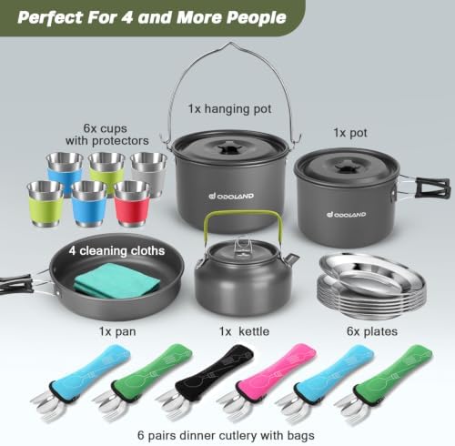 Odoland 39pcs Camping Cookware Mess Kit, Non-Stick Large Size Hanging Pot Pan Kettle with Base Dinner Cutlery Sets for 6 and More, Cups Dishes Forks Spoons Kit for Outdoor Camping Hiking Picnic
