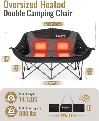 KingCamp Heated Double Camping Chair, Oversized 880lbs Heavy Duty Loveseat for Adults Portable Folding XL 2 Person Couch Padded Comfortable with 3 Heat Levels for Outdoor Sports Lawn, Black/Grey