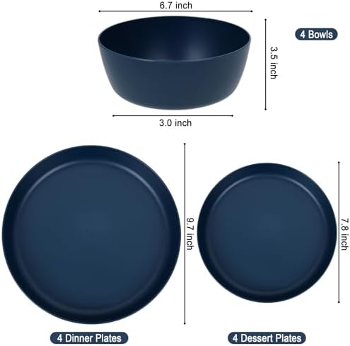 EjonirInjonir 12pcs Unbreakable Blue Dishes Set for Camping, Wheat Straw