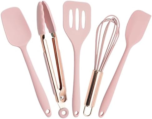 Kitchen Utensil Set,5 Pcs Mini Silicone Cooking Utensils Sets,Heat Resistant Non Stick Kitchens Gadgets BPA-Free Spatula Set,Kitchen Set for Cooking(Pink)