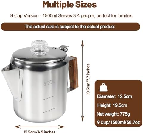 9 Cup Percolator 304 Stainless Steel Coffee Pot Coffee Maker Coffee Machine with Solid Wood Handle Transparent Knob Stovetop Greca Mocha for Induction Home and Camping 1500ml 50.7oz