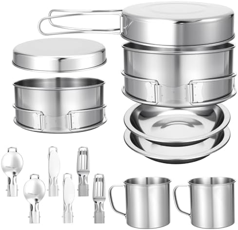 15 Pcs Camping Cookware Set, Stainless Steel Outdoor Camping Cooking Kit with Pot and Pan Cups Plates Forks Knives Spoons Kit for 1-2 Person Camping, Backpacking, Outdoor Cooking and Picnic