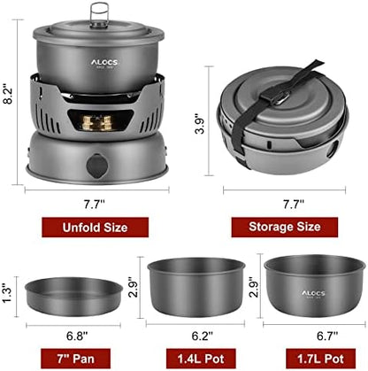 ALOCS 11pc Lightweight Camping Cookware Set with Gas and Alcohol Stove
