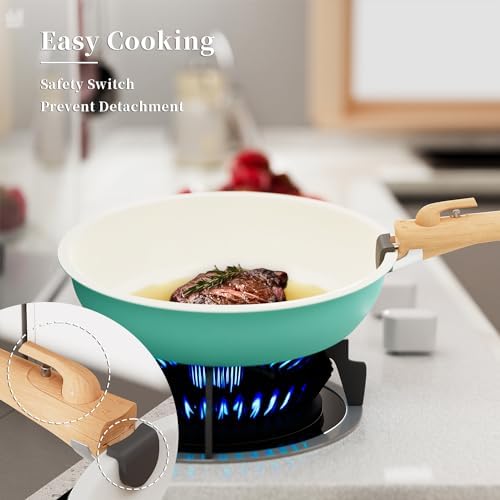 ShanSon 6 Pieces Kitchen Non-Stick Cookware Sets with Removable Handle, Stackable Pots and Pans Set Nonstick for Induction Gas RVs Camping Space Saving，Green