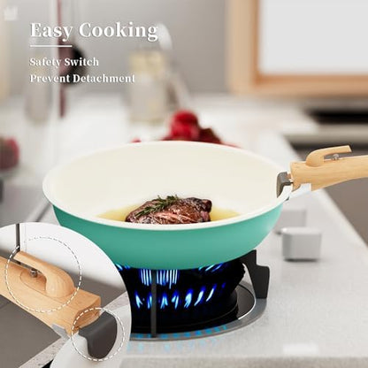 ShanSon 6 Pieces Kitchen Non-Stick Cookware Sets with Removable Handle, Stackable Pots and Pans Set Nonstick for Induction Gas RVs Camping Space Saving，Green