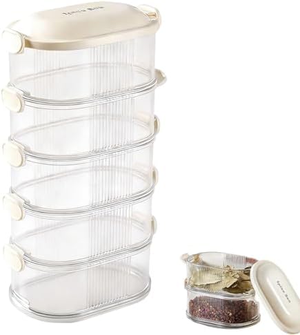 5-Layer Stackable Spice Storage Box - Space-saving Food Containers with Easy Lock Lids, Condiment Organizer Box for Seasoning Cereal Coffee Beans, Family Gathering Picnic Party Camping Use (Beige)