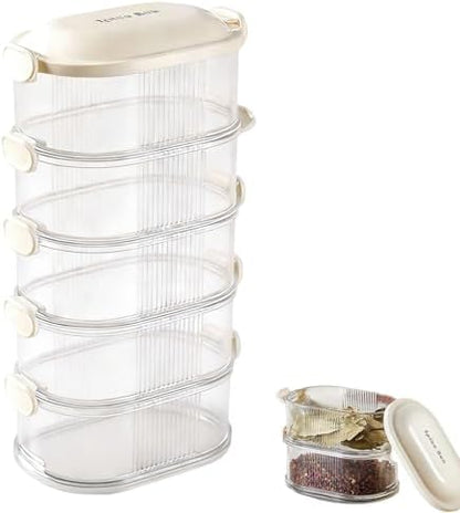 5-Layer Stackable Spice Storage Box - Space-saving Food Containers with Easy Lock Lids, Condiment Organizer Box for Seasoning Cereal Coffee Beans, Family Gathering Picnic Party Camping Use (Beige)