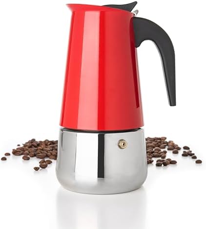 Mixpresso 6 Cup Greca Moka Pot Red Stainless Steel Stovetop Espresso Maker