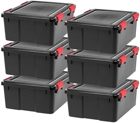 IRIS USA 6-Pack 31 Qt Storage Bins with Gasket Lids, Black/Red