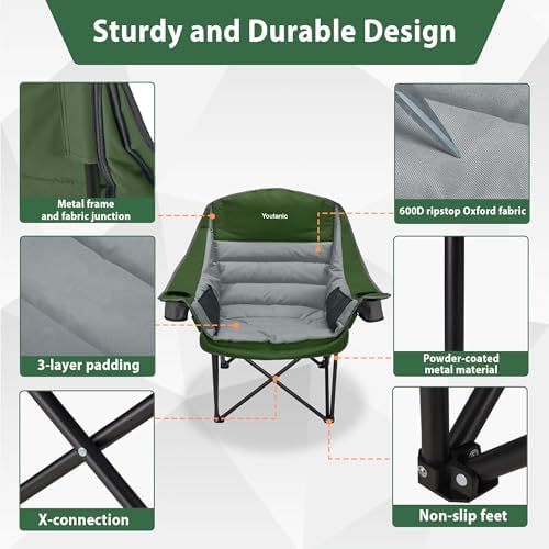 Youtanic Oversized Padded Camping Chair, Portable Folding Camping Chairs